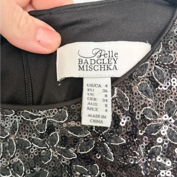 Badgley Mischka Black Silver Sequin Floral Lace Cocktail Dress Size 4 Sleeveless - Picture 10 of 10